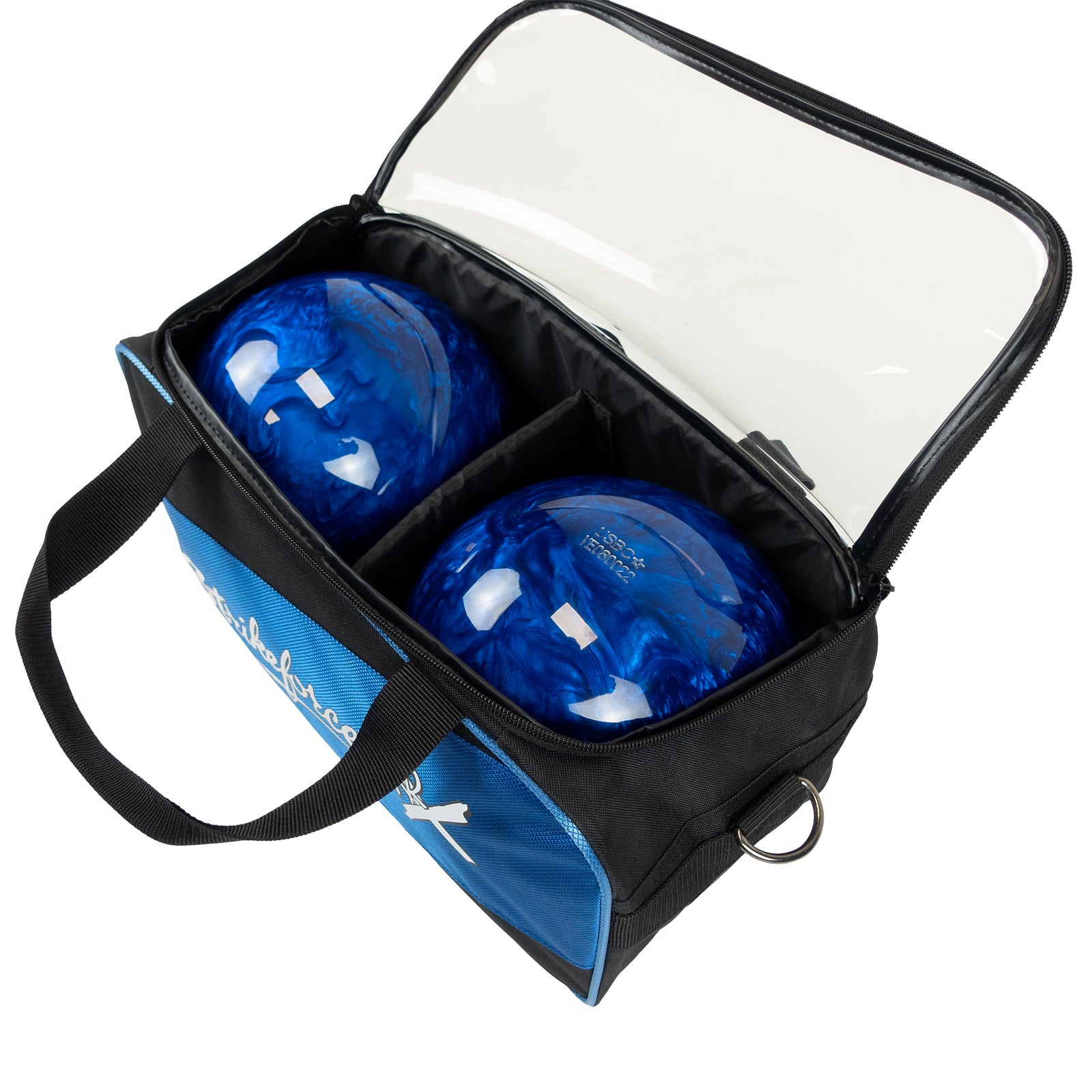 blue tackle bag with plastic zipper 100 bowlers KR Strikeforce Fast Double Tote Bowling Bag
